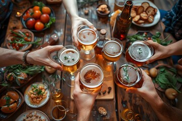 Cheers to Gatherings: A convivial scene unfolds as hands raise glasses of beer in a spirited toast around a table laden with delectable food, capturing the essence of joy and shared moments.