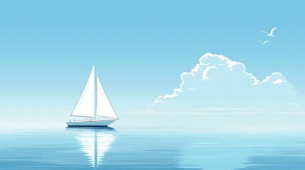 Sailboat on calm sea under blue sky.