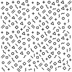 Seamless monochrome Memphis geometric pattern background with retro 80s and 90s abstract shapes including circles, triangles, squares, lines, and wavy elements