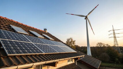 Solar panels and wind turbine on roof for renewable energy and sustainable living solutions for homes, Generetive AI