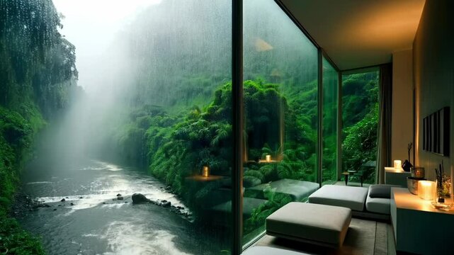 Looping Rainy View from Riverside Villa Room with Flowing River and Lush Greenery