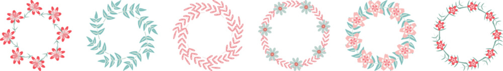 Set simple flower circle frame isolated on white Round floral border Leaves flowers wedding invitation cards logo design posters template Copy space for text Spring summer design Flower wreaths