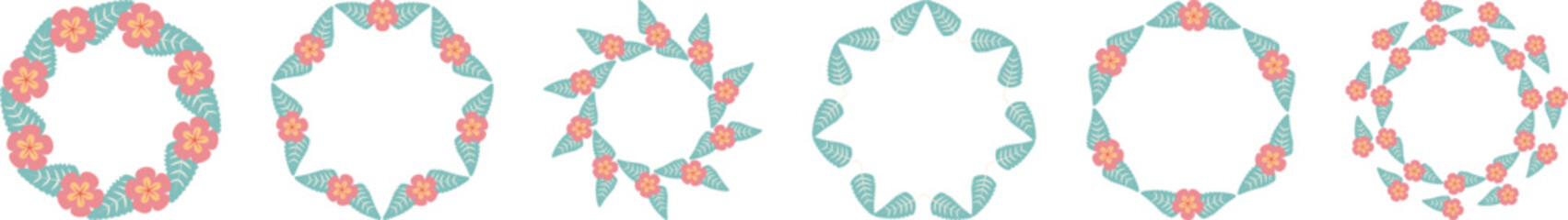 Set spring simple pink flower circle frame isolated on white Round floral border Leaves flowers, wedding invitation cards Elements design posters template Copy space for greeting text Summer design