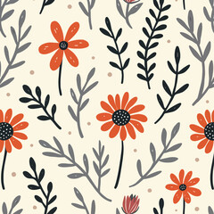 Seamless floral pattern flowers leaves color vector background summer spring