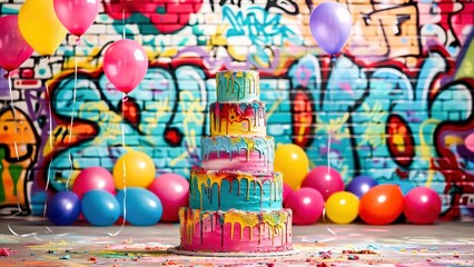 A vibrant and colorful birthday cake with dripping icing, surrounded by balloons against a graffiti-covered wall, creating a lively party atmosphere.
