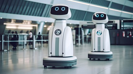 Robots in the Airport: Two futuristic robots navigate through the airport. Modern technology taking center stage, offering a glimpse into the future of automated assistance.
