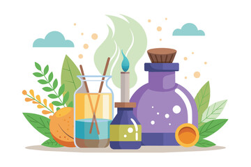 A vibrant arrangement of various bottles used for essential oils and fragrances alongside fresh greenery and citrus fruits, showcasing a relaxing atmosphere.