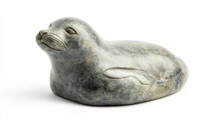 A detailed sculpture of a seal resting on a white backdrop