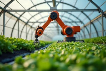 Smart farming agricultural technology. Robotic arm harvesting hydroponic lettuce in a greenhouse. AI