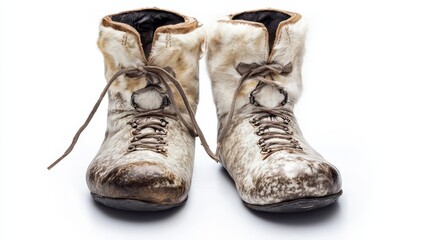 A pair of vintage winter boots made of fur on white background