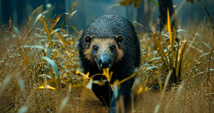 A prehistoric animal with dark fur and a long snout walks toward the camera.
