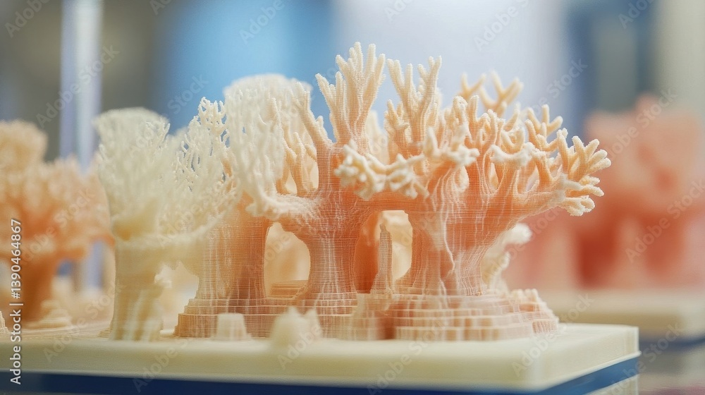 Poster several small coral reef models are displayed on a shelf