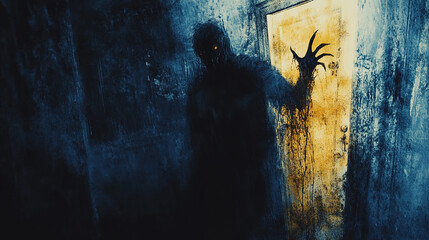 Obraz premium A shadowy, ghostly figure with glowing eyes and clawed hands emerges from a brightly lit doorway.