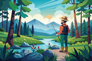 A man stands by a serene river, holding a fishing rod, surrounded by vibrant greenery, tall trees, and distant mountains under a bright blue sky.