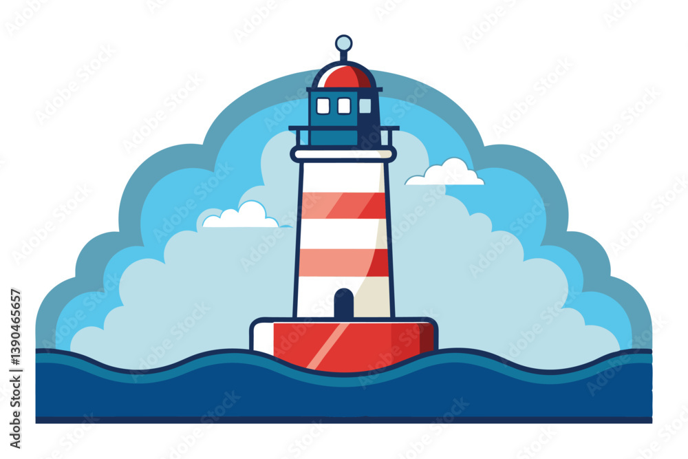 Poster the lighthouse is prominently positioned on the water's edge, guiding ships under a clear sky filled