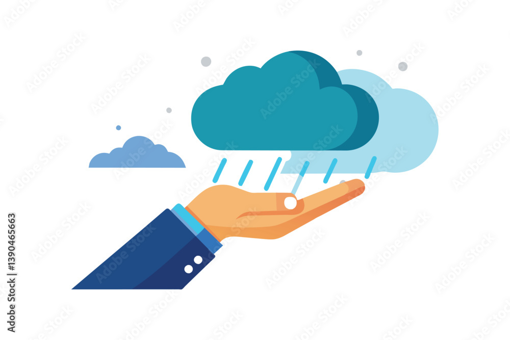 Poster a hand emerges from the bottom of the image, holding a colorful cloud while rain droplets fall, repr