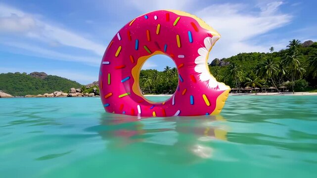 Bright pink donut float drifts on clear tropical water near sandy beach lined with palm trees under sunny sky