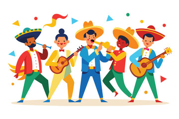 Fototapeta premium A group of five mariachi musicians in traditional attire perform joyfully, showcasing vibrant instruments and engaging expressions during a celebration.