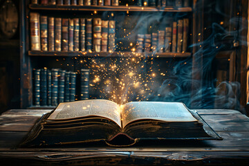 An open magic book on an old table.
