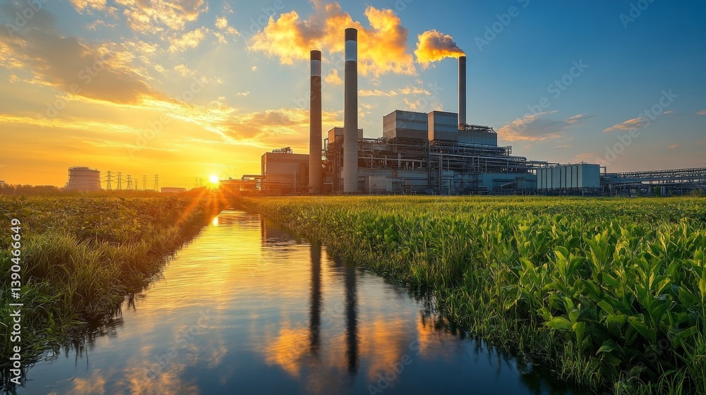 Fototapete a powerplant is actively generating energy as the sun sets, reflecting on a nearby waterway. the set