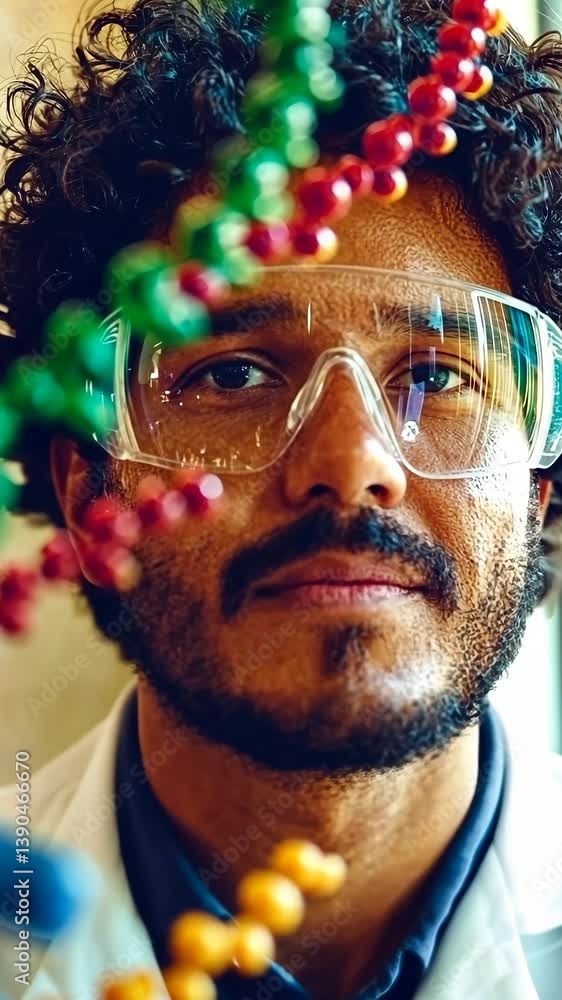 Poster scientist focused on biotechnology research with molecular models in a laboratory setting