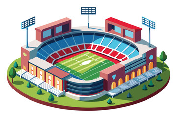 This vibrant illustration showcases a modern stadium designed for football, featuring a well-marked field, seating areas, and floodlights.