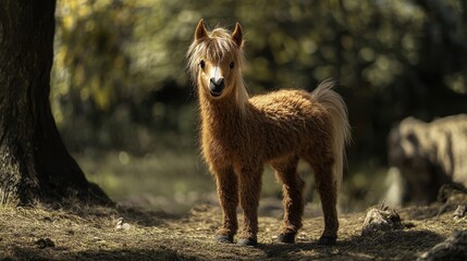 Fototapeta premium A small brown pony stands in a peaceful forest environment