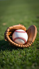 Baseball in Glove on Grass