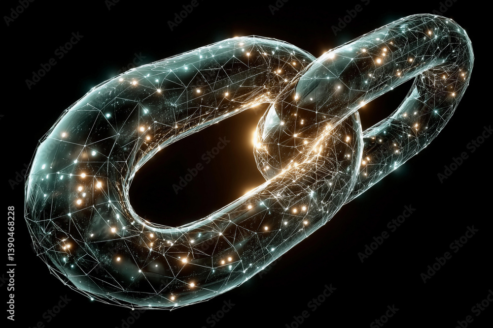 Poster digital representation of interconnected chains symbolizing unity and technology