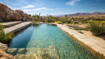 Fototapeta premium Serene Desert Oasis with Crystal Clear Pool Surrounded by Rocky Terrain and Desert Flora Under Bright Blue Sky