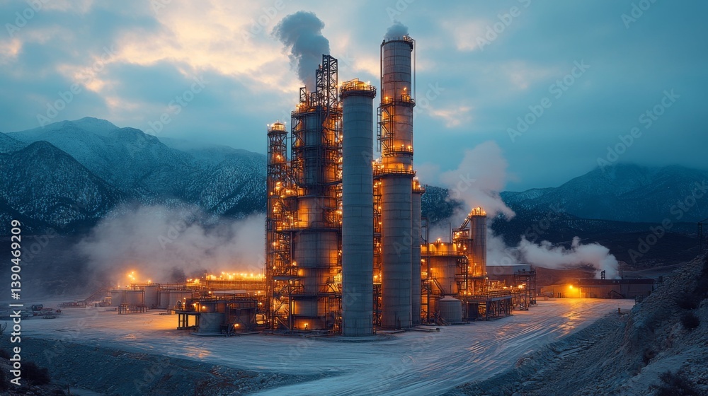 Aufkleber smoke emits from tall structures of a mining facility at dusk, where excavation and metallurgy proce