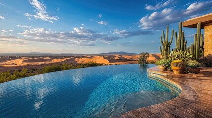 Obraz premium Serene Infinity Pool Overlooking Sand Dunes at Sunset with Cacti and Beautiful Sky in Desert Landscape