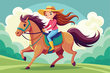 A girl wearing a straw hat and bright clothing rides a brown horse at a brisk pace through a lush green landscape under a clear blue sky.