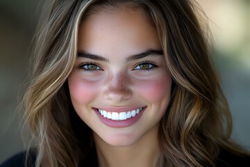 Fototapeta premium Young Caucasian woman with bright white smile, natural makeup, rosy cheeks, and wavy brown hair looking directly at camera with genuine expression and blue eyes.