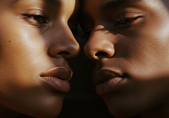 Obraz premium Close-up of two people in a moment of connection, showcasing their elegant profiles and the play of light and shadow