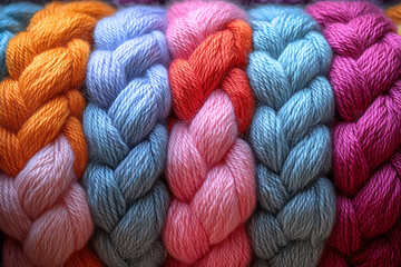 Soft and colorful background of acrylic yarn, featuring close-up woven textures and thread patterns.
