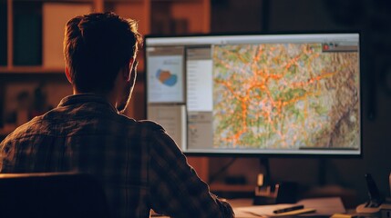 Person Working on Computer Displaying Map and Data Analysis