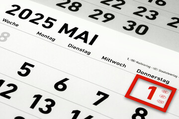 Deutscher Kalender 1. Mai  2025 Tag der Arbeit  Maifeiertag