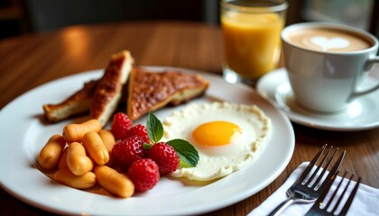 Gourmet English Breakfast with Coffee, Eggs, Bacon and Fresh Berries