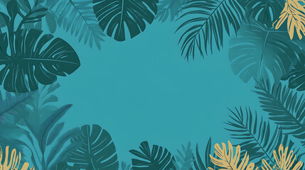 Teal tropical leaves frame background.