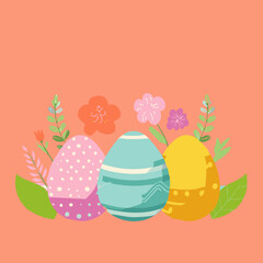 Colorful Easter Eggs with Floral Decorations on a Pastel Background

