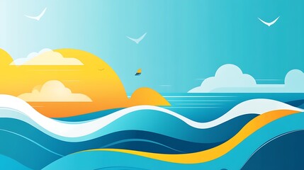 Vibrant summer seascape with sun, waves, and birds.