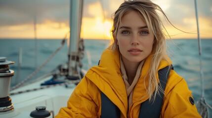 Obraz premium Young Woman in Yellow Jacket Sailing at Sunset on the Ocean