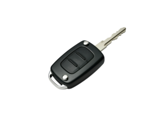 A floating car key with remote buttons, on a solid white background