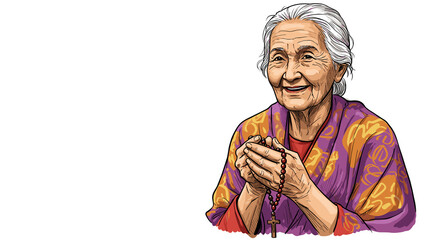 Obraz premium Smiling elderly woman holding a rosary with colorful shawl 