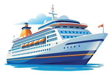 Obraz premium The cruise ship glides smoothly across the water, with bright colors and distinctive features highlighting its modern design under a clear blue sky.