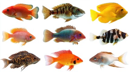 Naklejka premium Nine Various Colorful Tropical Fish Isolated on a White Background