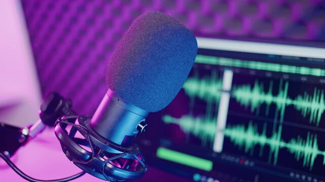 Work and editing in a program for recording voice on a computer screen against the background of a microphone and a soundproof panel. The professional work with sound recording software. No people