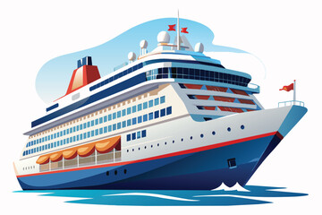 Naklejka premium The cruise ship glides smoothly through the calm sea, showcasing its impressive structure and bright flags on a clear and sunny day, inviting adventure.