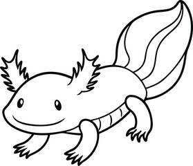 Adorable Cartoon Axolotl Drawing in Black and White Line Art Style